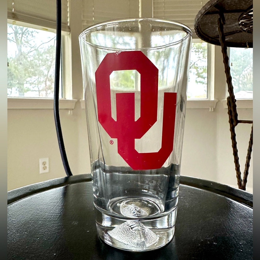 OU OKLAHOMA UNIVERSITY FOOTBALL IMPRINT HEAVY GLASS TUMBLER CLEAR RED 16oz BEER - Picture 8 of 10